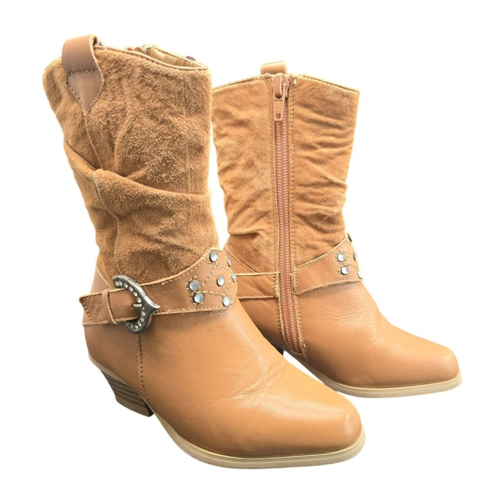 Girls Oaktree Farms Tan Faux Suede Western Boots 8.5W Rhinestone JJ3977